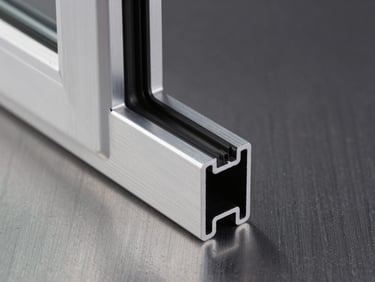 Macro side-lit studio shot of an aluminium window corner joint, extruded section geometry in sharp focus against a dark steel-grey background, showing gasket channel and thermal break insert with absolute geometric clarity