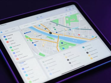 Extreme close-up of a physical Android tablet showing a complex logistics dashboard with real-time map tracking, neon rim lighting