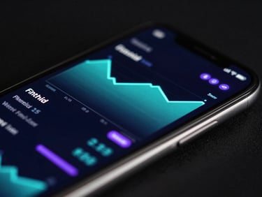 Angled perspective shot of an Android smartphone displaying a dark-mode fintech interface with neon-cyan charts, glowing violet accent lights, macro focus