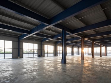 Expansive clean modern warehouse interior with high ceilings, concrete floors, organized structural pillars, and bright natural light.