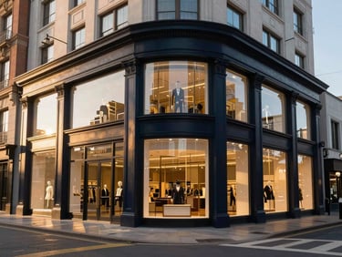 High-street retail flagship storefront in a premium commercial district, large glass windows, elegant architectural lines, golden hour lighting