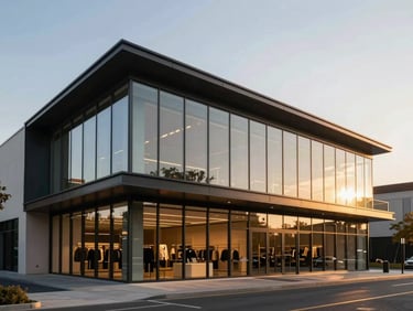 Modern retail building exterior with a double-height glass facade, clean architectural lines, and warm golden-hour lighting.