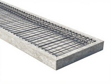 Technical architectural drawing of a lightweight concrete floor panel showing steel reinforcement mesh inside, clean lines, white background, tosca accents.