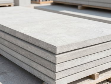 Clean architectural photo of lightweight concrete wall panels stacked neatly on a bright modern construction site, crisp daylight, tosca accent lines.