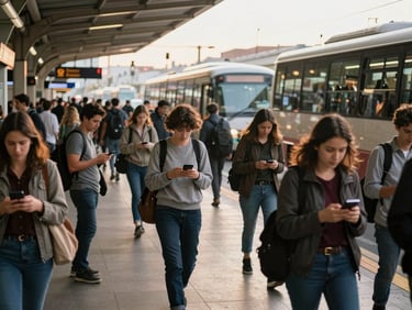Wide shot of commuters at a busy urban transport hub, people checking phones with minibuses visible in the background, golden hour light, candid street scene with genuine movement and depth