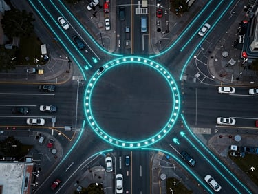 Overhead bird's-eye view of a city road junction with route path lines overlaid in glowing cyan, vehicles shown as small icons traveling along two converging streets, dark asphalt, urban environment