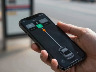 Close-up of a smartphone screen showing a live vehicle direction dashboard with glowing route indicators and movement arrows, phone held in hand at a street-level transport stop, natural light
