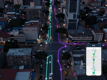 Animated GIF — bird's-eye view of a dense urban street grid in an African city at dusk, vehicle route lines pulsing in cyan and violet along main roads, small vehicle icons moving in real-time along traced paths, phone screen overlay in bottom-right corner showing the 9-5 app route-matching dashboard lit by device glow, dark navy map background with glowing intersection nodes