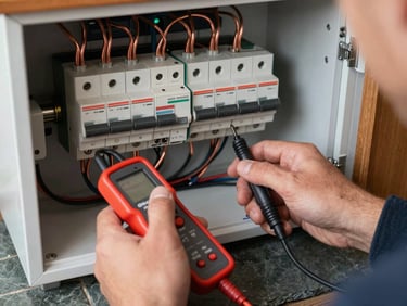 Close-up overhead shot of a technician's hands using an electrical continuity tester inside an open consumer unit in a holiday cottage, natural daylight from an unseen window, copper wiring and circuit breakers sharply in focus, slate flooring visible at the frame edges
