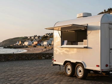 Environmental wide shot of a Devon coastal market setting at golden hour, a food trailer parked on the right edge of frame with a closed serving hatch, warm low sun raking across the trailer's side panels, empty foreground cobblestones, South West seaside architecture blurred in the background