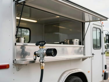Wide environmental shot inside a food service trailer mid-inspection — a gas hose connection and suppression nozzle in sharp foreground focus, stainless steel catering surfaces behind, cool natural daylight entering through the open service hatch, no people present