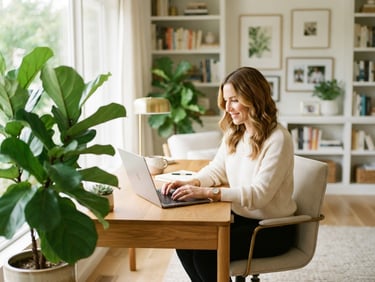 Bright editorial photography, a modern home office with natural daylight, a professional woman working on a laptop near a botanical plant, soft gold tones, shallow depth of field, 35mm
