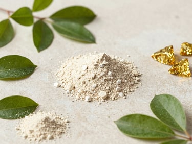 Clean flat-lay of organic protein powder and natural ingredients on a light stone surface, elegant shadows, 35mm
