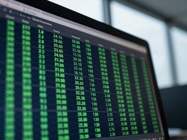 Extreme close-up of a structured financial model on a computer screen, glowing green data lines, dark office environment, cool overcast window light, 35mm