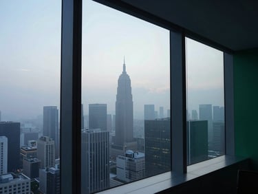 High-altitude boardroom view looking out over a misty metropolitan financial hub at dawn, cool tones, minimal aesthetic, 35mm