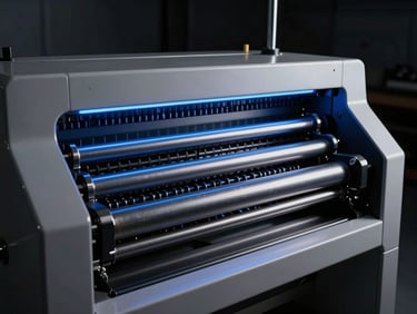 High-contrast macro shot of a modern industrial printing press, blue light accents, ink rollers, precise mechanics.