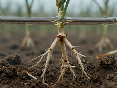 Macro photograph of wheat root systems submerged in waterlogged clay loam, fine root hairs visible, cool diffused overcast daylight.