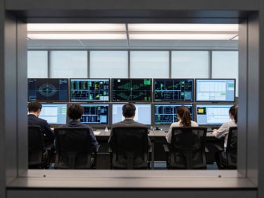 Wide environmental shot of a quiet, focused enterprise control room with digital interface screens, cool daylight, architectural framing.