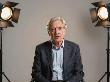 Interview setup in a clean studio, a senior executive seated against a softly lit warm-grey backdrop, two professional key lights visible at the frame edges, the subject mid-answer with focused expression, eye-level camera framing giving the image natural authority