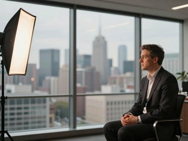 Wide shot of a corporate interview setup in a glass-walled office, subject seated in the right third, a professional key light and reflector visible on the left edge, the city skyline soft and out of focus behind the subject, warm neutral tones