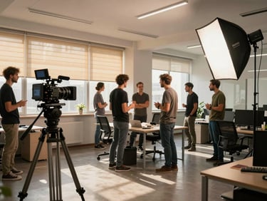 Wide environmental shot of a small professional film crew setting up a key light and reflector inside a modern Pristina office, a camera on a tripod in the foreground, warm afternoon sun slanting through venetian blinds, crew members in focused conversation mid-setup, shot from across the room at eye level