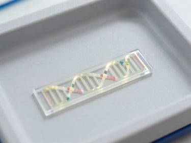 Macro shot of glowing DNA bands on a gel in a BioMol for All visualization unit, clear and crisp details, neutral studio lighting, 35mm lens.