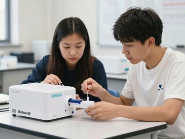 Medium shot of two students collaboratively setting up a BioMol for All PCR unit on a classroom desk, engaged expressions, clean scientific photography, 35mm lens.