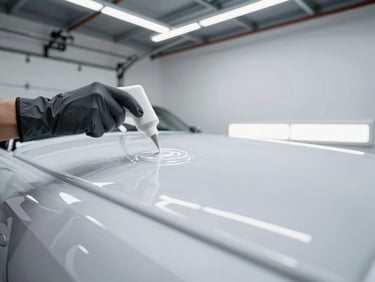Technician applying a clear polyaspartic topcoat, showing the liquid sheen and fast-drying process, bright garage setting, high contrast, wide-angle.