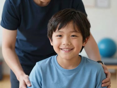 A dignified close-up editorial photo of a child with a physical disability smiling during a physical therapy session, supported by a caring therapist, soft natural lighting, warm tones.