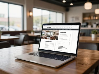Wide environmental shot of a restaurant interior with a laptop on a table showing a clean menu website, bright natural light through windows, no people