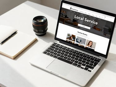 Clean workspace flat-lay showing a laptop with a local service business website on screen — booking page visible, bright natural daylight, notebook beside it, no people