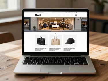 Flat-lay overhead of a laptop displaying a clean retail shop website — product grid visible on screen, warm storefront light, natural daylight, no people