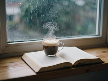 An open book next to a steaming cappuccino on a wooden window sill, rain dripping outside, moody film style, 35mm lens