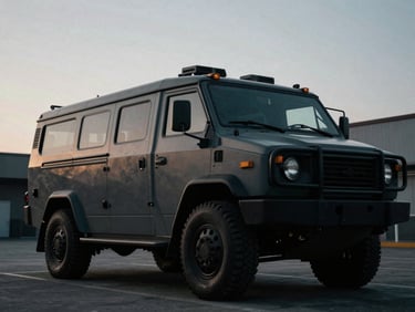 Low-angle shot of a high-end unmarked operational vehicle in urban setting at dusk, cool desaturated tones, dramatic directional light, sharp focus.