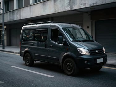Low-key editorial photography of a clean, dark unmarked utility vehicle in transit through an overcast urban corridor, cool-toned shadows, sharp focus.