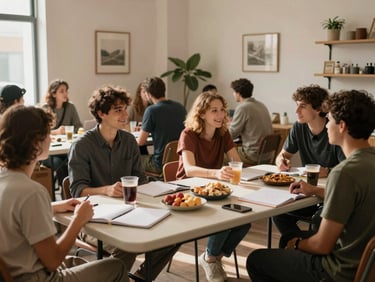 Wide shot of a Third Space community pop-up in a warmly lit room, folding tables with notebooks and snacks, small groups in animated conversation, earth-toned décor, afternoon daylight, candid and communal energy