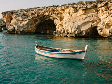 A traditional Maltese luzzu boat anchored in a secluded turquoise cove, sheer limestone cliffs glowing in golden-hour light, serene empty water, 35mm