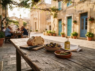 A rustic wooden table in a shaded village square in Gozo, with fresh local bread, olives, and olive oil under dappled sunlight.