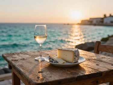 A rustic wooden table overlooking the sea at sunset, holding a glass of white wine and a plate of local Gozo cheese, warm sun glare, shallow depth of field