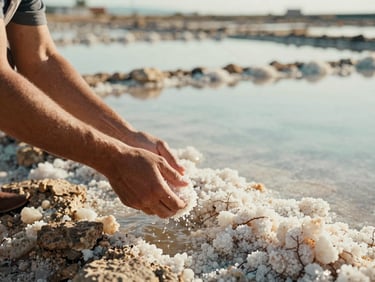 Close-up of hands harvesting sea salt from ancient coastal rock salt pans, sparkling water, warm Mediterranean sun, 35mm editorial.