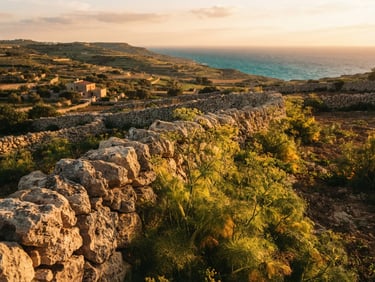 Golden hour light over dry stone walls and wild fennel in the Gozo countryside, warm Mediterranean tones.
