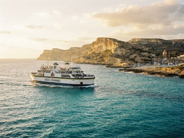 The white ferry boat crossing the turquoise channel between Malta and Gozo, limestone cliffs in the background.
