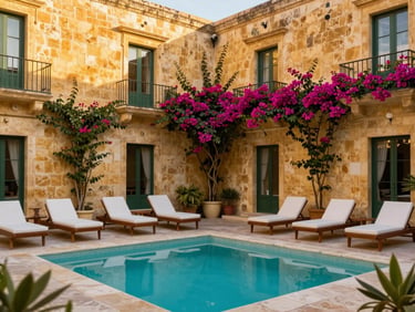 Boutique hotel courtyard in Gozo with bougainvillea climbing up golden limestone walls, small plunge pool, relaxing sun loungers, warm afternoon light