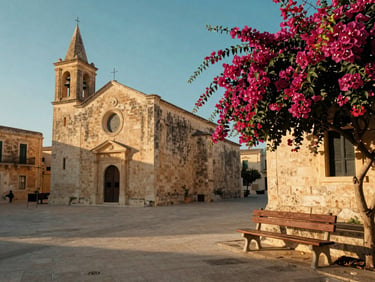 A quiet village square in Gozo with a traditional stone church, a single wooden bench under a flowering bougainvillea, warm afternoon light