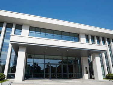 Modern architectural lines of an embassy entrance under bright blue sky, clean professional daylight photography