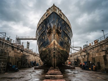 Low-angle heroic shot of the MV Wyuna bow in dry dock, weathered steel plates, overcast coastal daylight, dramatic shadows, 35mm lens