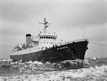 Archival black-and-white photograph of the MV Wyuna battling rough seas at the Rip, dramatic, low-angle, 35mm lens.