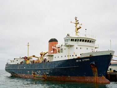 The MV Wyuna docked, showing weathered paint and a sense of quiet repose, natural overcast coastal light, 35mm lens.