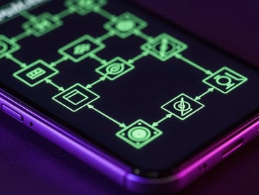 Extreme macro shot of a flagship Android screen displaying dynamic neon green wireframes of a game loop architecture, dark environment, vivid purple edge lighting reflecting off the glass.