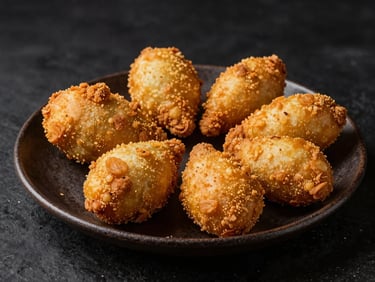 Golden fried carimañolas and empanadas on a rustic dark plate, high contrast